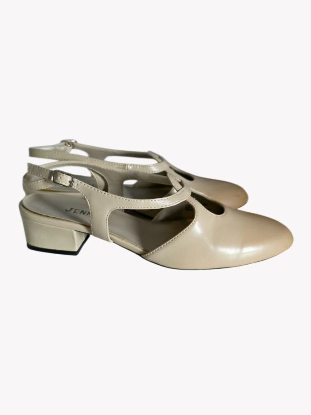 "JENNIE" Cream/Beige Cutout T-Strap Slingback Pumps. 7.5